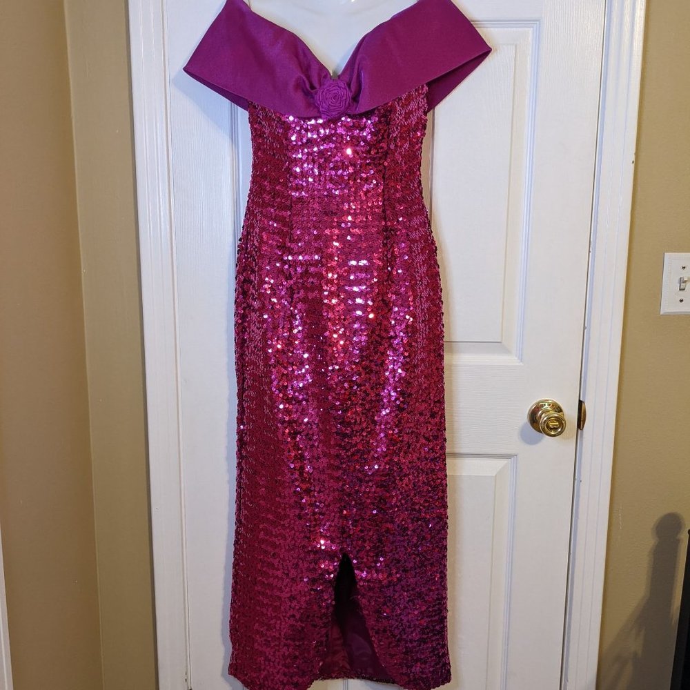 Lochridge Originals Pink Sequin Off Shoulder Maxi length Dress - size 8* RARE